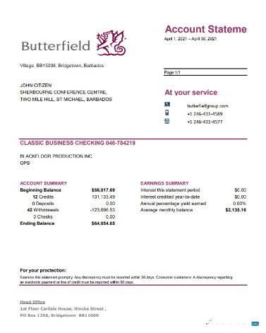Download Barbados Butterfield bank statement excel Photoshop template